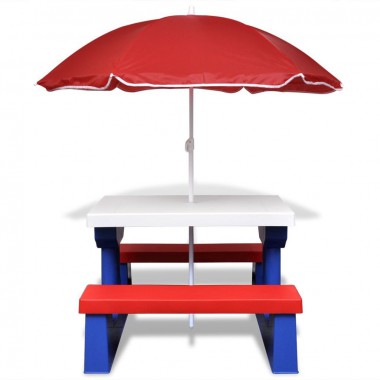 COIL Stół ogrodowy piknikowy dla dzieci z parasolem i ławkami niebiesko-czerwony