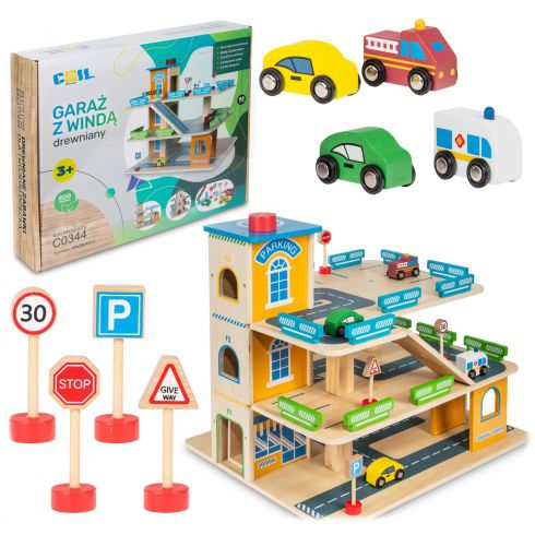 COIL Garaż parking samochodowy auta autka zestaw winda drewniany piętrowy COIL Garaż parking samochodowy auta autka zestaw winda drewniany piętrowy