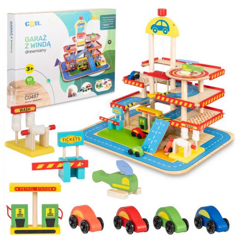 COIL Garaż parking samochodowy auta autka zestaw drewniany piętrowy z autkami helikopter COIL Garaż parking samochodowy auta autka zestaw drewniany piętrowy z autkami helikopter