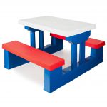 COIL Stolik ogrodowy piknikowy dla dzieci z parasolem zestaw z ławkami niebiesko-czerwony COIL Stolik ogrodowy piknikowy dla dzieci z parasolem zestaw z ławkami niebiesko-czerwony