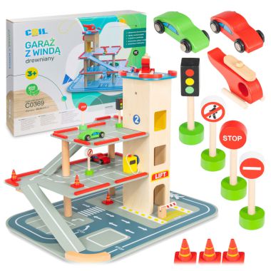 COIL Garage Car Parking Car Autek Set Elevator Wooden Double-Decor Helicopter with Equipment