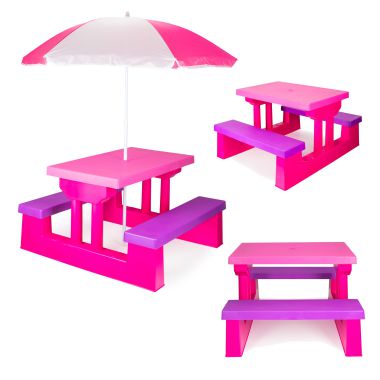 COIL Picnic garden table for children with umbrella set with pink benches